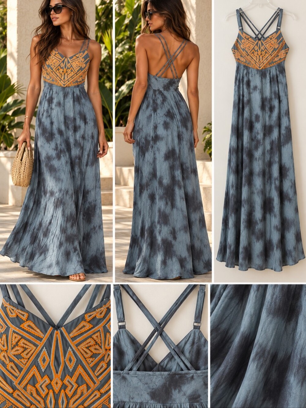 Boho Geometric Embroidered Tie-Dye Maxi Dress - L